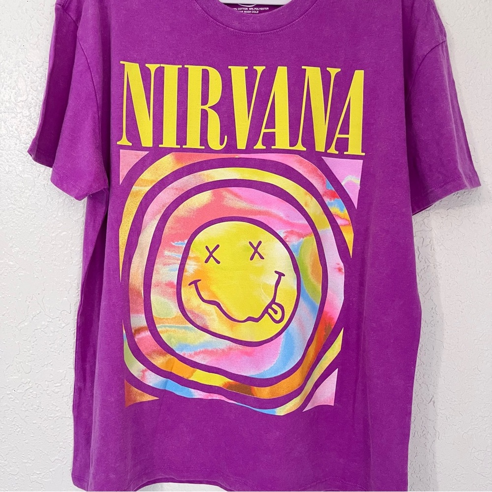 - NIRVANA Purple Tee with Colorful Smiley Design - Picture 2 of 7